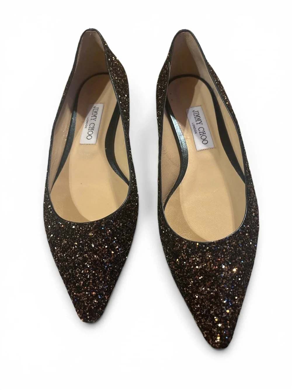 Jimmy Choo Women's Black Glitter Pointed Toe Romy Flats size 39 1/2 NWT’s & box!